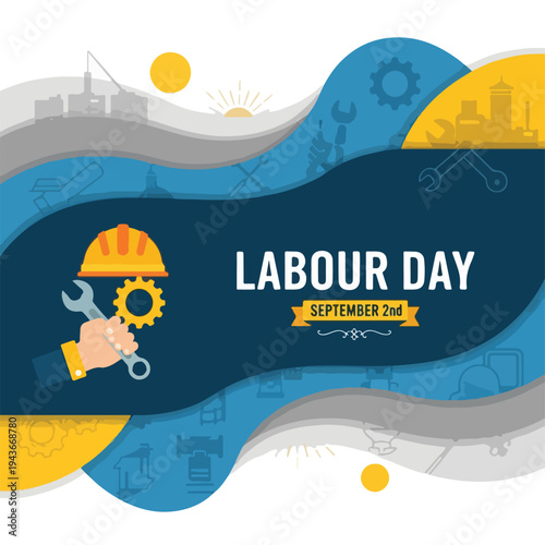 Illustration for Labour Day with tools, gear, building outlines