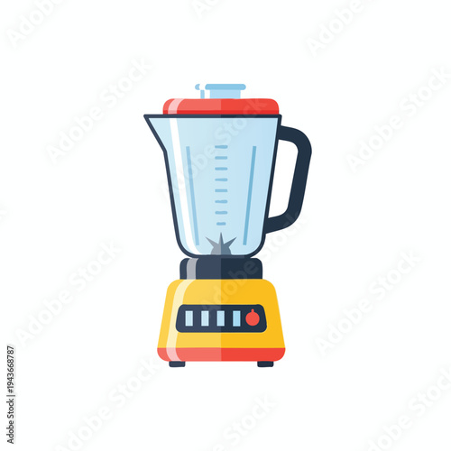 A modern kitchen blender with a red lid, blue pitcher, and yellow base