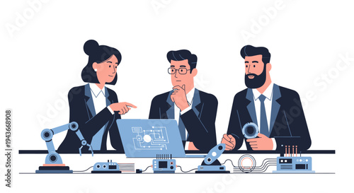 Team of professionals discussing robotics and technology.