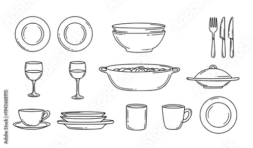 Hand drawn dinnerware doodle icon set plate bowl cup glass kitchen tableware vector