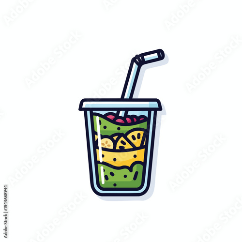 A layered green smoothie in a clear cup with a straw and fruit pieces