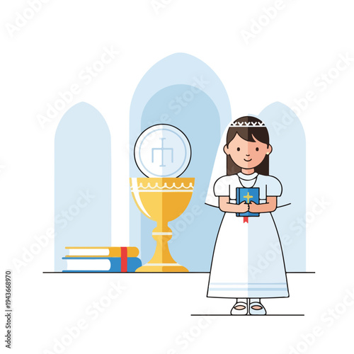 Illustration of a girl in white dress with religious icons