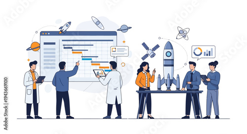 Team of scientists and engineers collaborating on a rocket project.