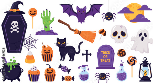Halloween Spooky Elements Vector Set with Pumpkin, Bat, Ghost, Skull, Witch Cauldron, Broom and Trick or Treat Illustration