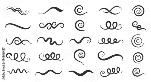 Collection of elegant swirl designs and flourishes on transparent background silhouette