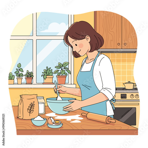 Illustration of a woman in an apron baking in a sunny kitchen