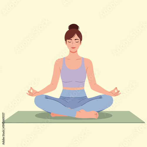 Illustration of a woman in seated yoga pose on a mat with eyes closed