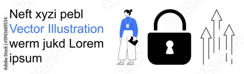 Cybersecurity, personal development, data privacy, secure systems, encryption, protection. Female figure with lock and arrows indicating progress. Cybersecurity and personal development concept