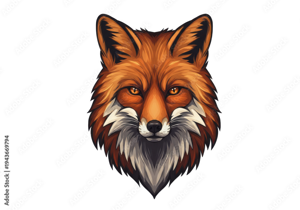 Fototapeta premium Vibrant illustrated fox head with striking features isolated on white background