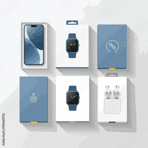 Illustration of technology products, including a phone, watch, and earbuds