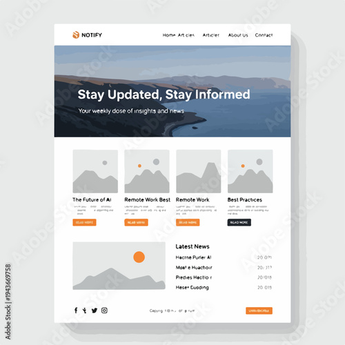Mockup of a webpage with a landscape header, articles, and news items