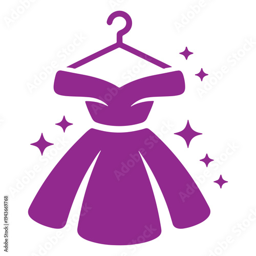 Elegant purple dress hanging on a hanger with sparkling stars around it