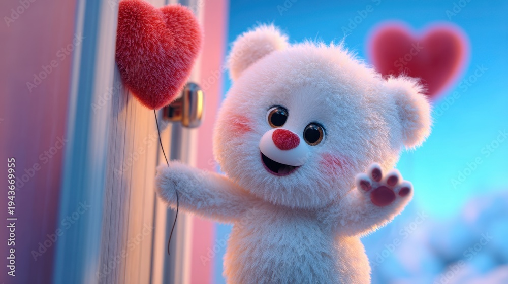 Fototapeta premium Cute fluffy bear character with heart-shaped balloons makes an adorable gesture in a colorful whimsical background