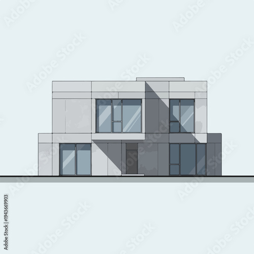 Modern architectural illustration of a two-story building in a minimalist style