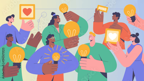 Diverse group of people holding lightbulbs and symbols representing ideas and inspiration in a colorful illustration