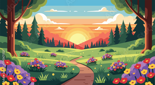 Scenic illustration of a pathway through a blooming meadow, leading to a sunset