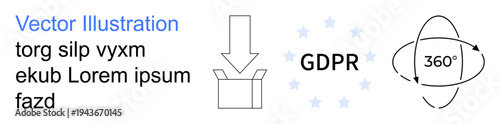 Data privacy, regulations, transparency, user interaction, compliance strategies, digital security. Open box with arrow, GDPR text 360-degree icon. Data privacy and regulations