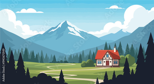 Scenic landscape with a house, mountains, trees, clouds, and winding path