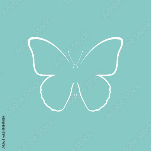 Simple white line art outline of a butterfly on a teal blue background