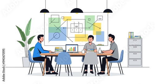 Three men in a business meeting discussing strategy.