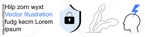 Security, mental health, technology, protection, identity, growth concepts. Shield with lock, abstract plant and human head with lightning bolt. Cybersecurity and mental health visually