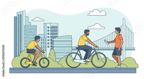 Three people enjoying cycling in a city park.