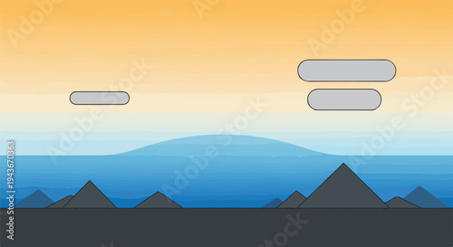 Stylized landscape sky, sea, mountains, and floating rectangular shapes