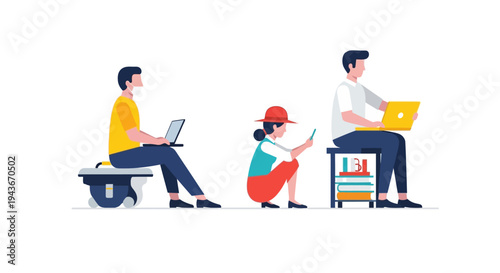 Three people working on laptops in different positions.