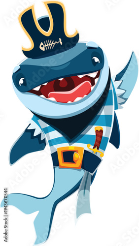 Cartoon cute shark animal pirate crew vector character with sharp teeth, dressed in corsair clothes and holding a sword on his belt. Storybook, game and adventure, animation and sticker personage