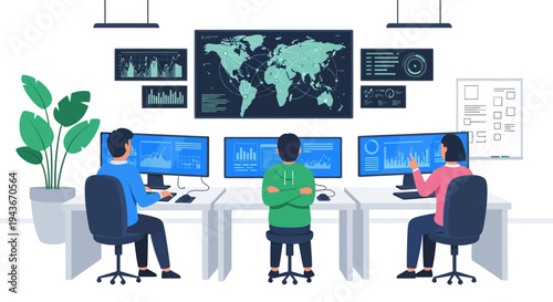 Three people working in a modern control room with monitors.