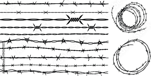 Barbed wire line and coil set. Vector illustration of security fence and boundary graphic elements.