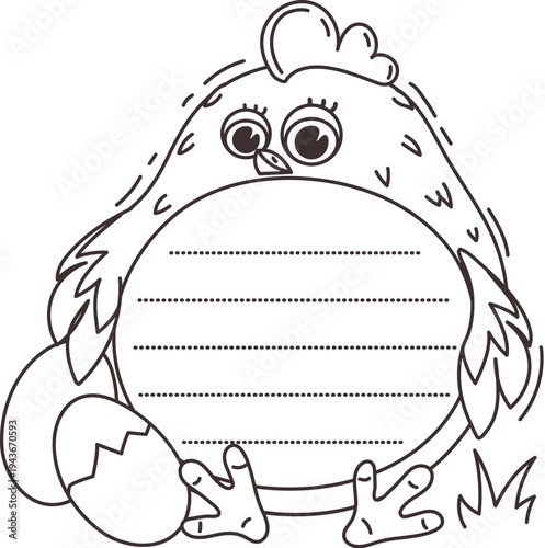 Kids memo note with cartoon funny chicken chick frame for message sticker, vector adhesive post. Cute chicken chick with eggs for kids memo note or adhesive post and daily memo with birds or animals