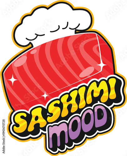 Japan cuisine sashimi sushi mood vintage Y2K sticker or patch. Japan seafood dish 60s Y2K tag, Asian menu meal vector sticker. Sushi delicacy patch with salmon meat, chef hat and funky typography