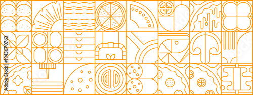 Abstract geometric pizza pattern. Modern vector seamless pattern with cheese, tomato, basil, and pepperoni. Line creative design for restaurant menus, food branding, or playful kitchen graphics