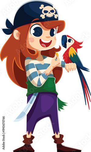 Cartoon kid girl pirate or corsair character with parrot. Vector cheerful young child dressed as a sailor, complete with a bandana and an bright parrot perched on her arm, captures a playful spirit