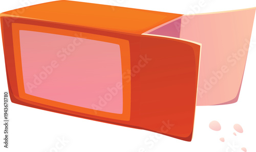 Cartoon baking soda box with an open flap and powder particles spilled on the side. Vector packaging representing a household product for cleaning or cooking tasks. Cook food process in action