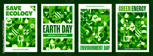 Environment ecology green posters with geometric pattern and abstract figures. Vector eco save nature retro modern backgrounds with text save ecology, earth day, environment day and green energy