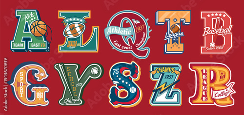 Varsity sport patch labels and prints for college, university or school club jackets. Vector baseball, basketball, american football or rugby balls, bats and flags varsity letter retro patches set