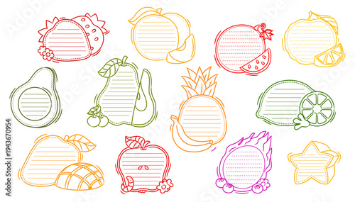 Kids memo note fruit frames. Color line memo note stickers vector templates in shape of tropical berries. Kids notebook, diary, school planner or journal page frames, scrapbook tags and notepad sheets
