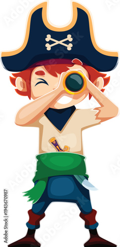 Cartoon kid corsair and pirate fighters, captain and boatswain, skipper and sailor funny character. Cheerful vector boy, wearing tricorn hat and holding telescope. Personage with dagger for books