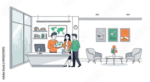 Travel agent assisting couple with vacation planning.