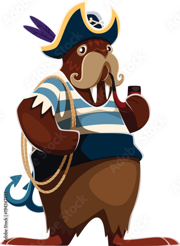 Cartoon brown walrus boatswain animal pirate vector character holds a smoking pipe and carries a rope with anchor behind him. Corsair dressed in sailor clothes and a wide belt