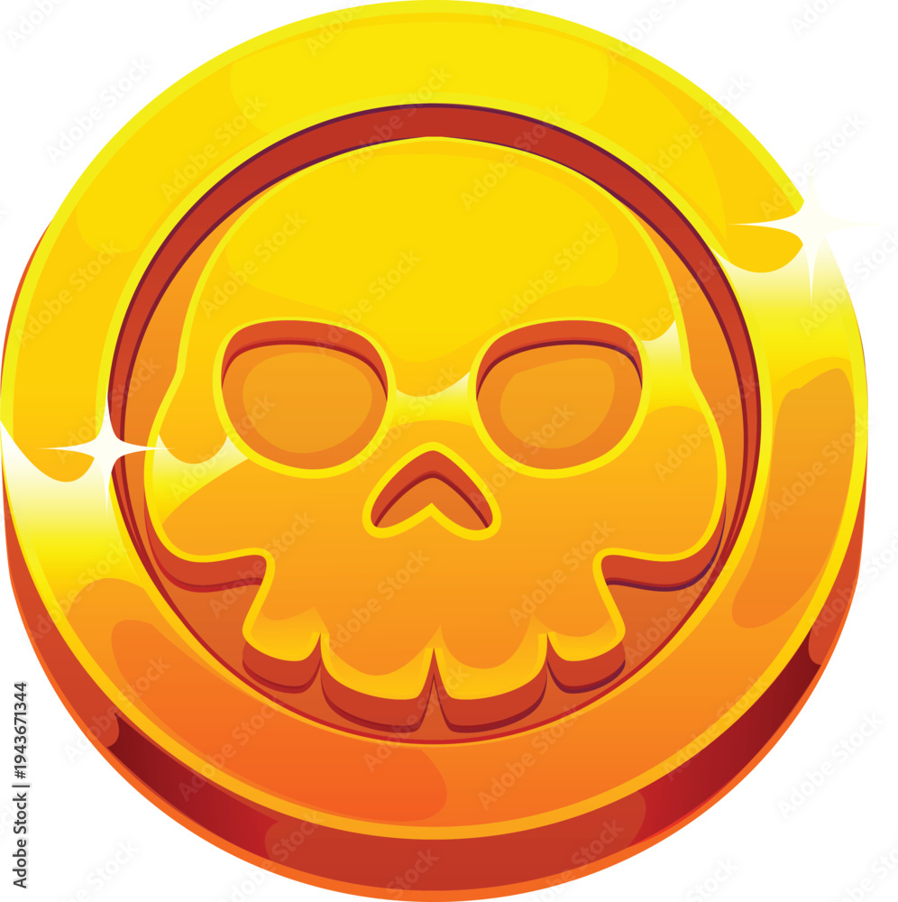 Fototapeta premium Cartoon pirate golden coin with skull engraving. Isolated vector ancient corsair doubloon, shiny yellow ducat. Fantasy treasure, fairytale item, game asset, small, round piece of metal, made from gold