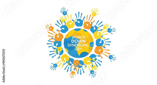 World down syndrome day awareness logo with colorful hands and globe on white background