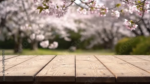 Wooden table with cherry blossoms background 1.