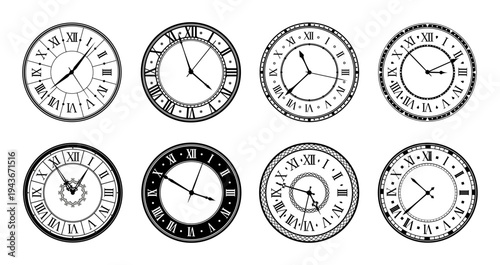 Clock faces with old fashioned watch dials, roman numbers and vintage timepiece details. Vector antique round black wall clock faces or vintage hand watch dials with hour, minute and second arrows