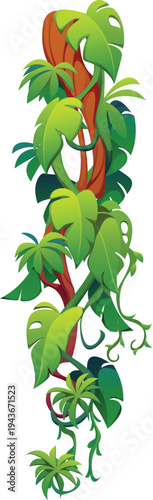 Vertical tropical jungle rain forest liana vine branch. Creeper shrub branch separator vector line, ivy fern foliage underline spacer. Climbing plant twig frame divider or vine liana leaves border