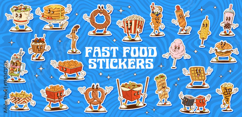 Groovy fast food characters stickers of cartoon dancing pizza slice, burger and fries, popcorn, hot dog and taco. Vector groovy fast food sandwich, sushi, chicken, cotton candy and waffles stickers