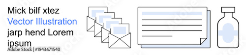Communication, data storage, healthcare, document exchange, correspondence, record keeping. Envelopes, documents and a medical vial. Communication and data storage concepts