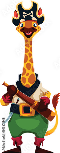 Giraffe animal pirate character dressed as a skipper with green pants, wide golden belt and dark navy vest and spyglass in his hands. Cartoon vector African animal personage with naval adventure vibe